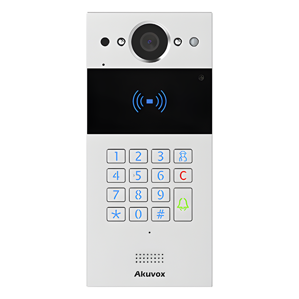 Videoportero IP SIP 2 Megapixel Teclado y Lector NFC+RFID 125 kHz Control de 2 Puertas PoE IP65 Notificación App y Llamada Telefónica PIN Temporal — Akuvox