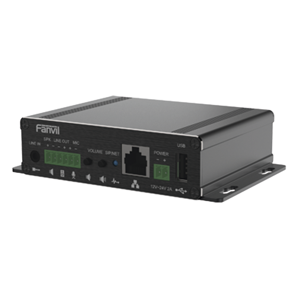Gateway IP SIP para Voceo Amplificador Integrado 30 W Entrada Audio 3.5 mm Reproducción MP3 vía USB y TF PoE 802.3af 2 Líneas SIP Códec Opus — Fanvil