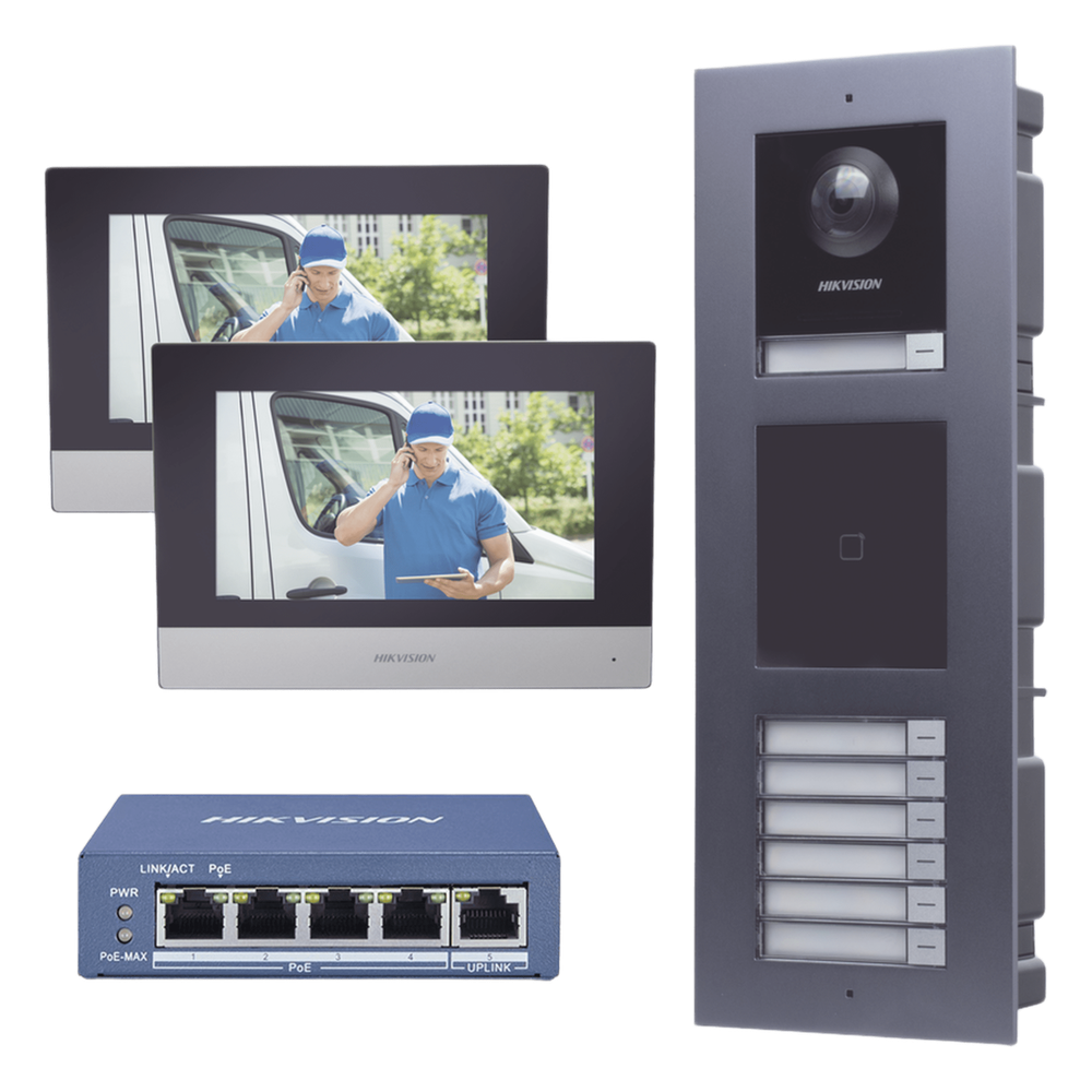 Kit Videoportero IP 2 Megapixel 7 Departamentos 2 Puertas IP65 PoE Empotrado — Hikvision