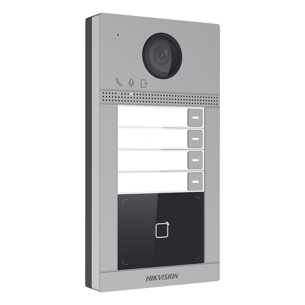 Videoportero IP 2 Megapixel PoE IP65 + IK08 4 Departamentos Apertura con Tarjeta 2 Puertas 6 Monitores 129° IR 3m — Hikvision