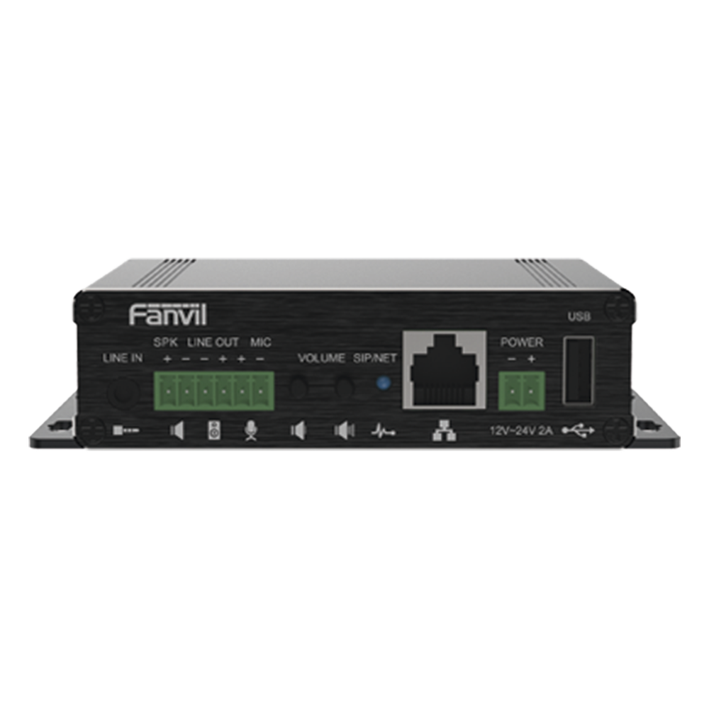 Gateway IP SIP para Voceo Amplificador Integrado 30 W Entrada Audio 3.5 mm Reproducción MP3 vía USB y TF PoE 802.3af 2 Líneas SIP Códec Opus — Fanvil