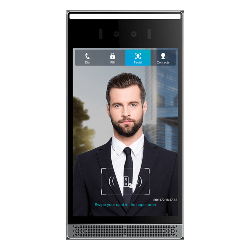 Videoportero IP Pantalla Táctil IPS 8" Reconocimiento Facial 10,000 Rostros Cámara 2MP Lente Dual 7 Métodos de Acceso BLE + Wiegand IP66 IK07 PoE — Fanvil