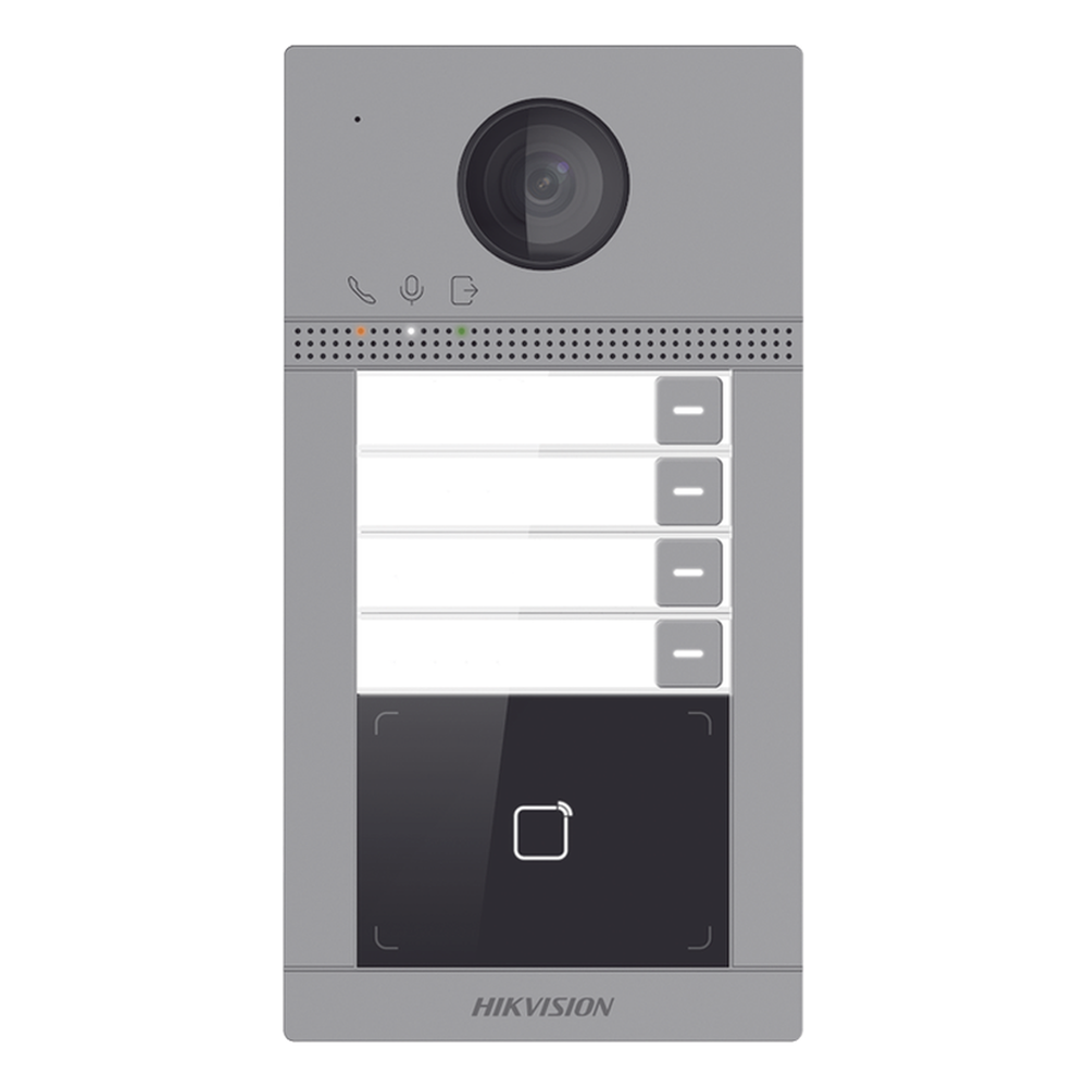 Videoportero IP 2 Megapixel PoE IP65 + IK08 4 Departamentos Apertura con Tarjeta 2 Puertas 6 Monitores 129° IR 3m — Hikvision
