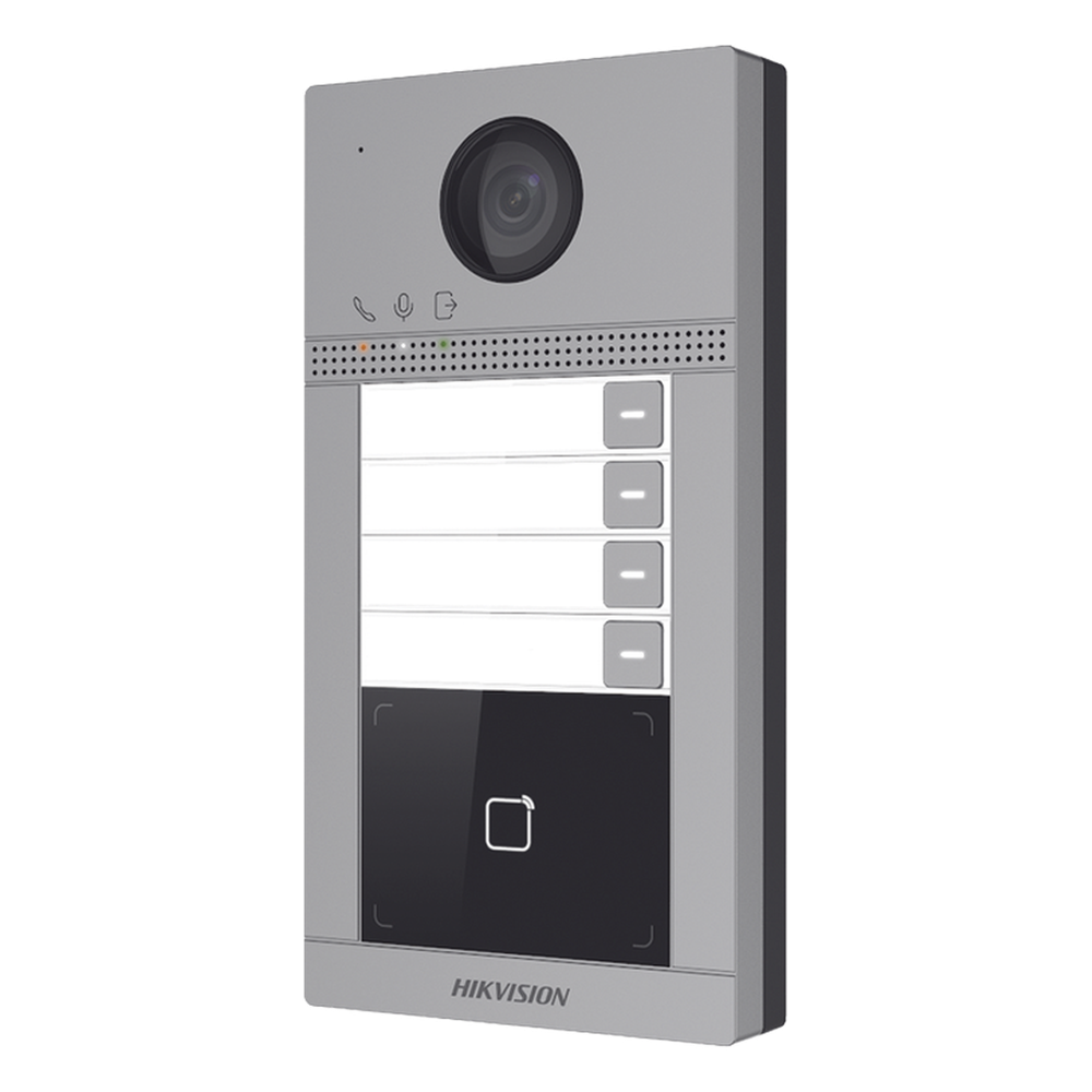 Videoportero IP 2 Megapixel PoE IP65 + IK08 4 Departamentos Apertura con Tarjeta 2 Puertas 6 Monitores 129° IR 3m — Hikvision