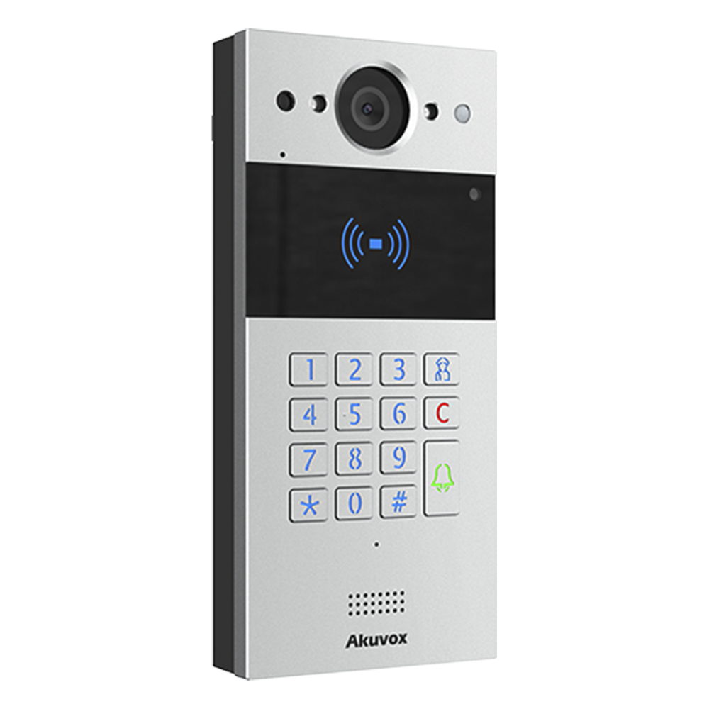 Videoportero IP SIP 2 Megapixel Teclado y Lector NFC+RFID 125 kHz Control de 2 Puertas PoE IP65 Notificación App y Llamada Telefónica PIN Temporal — Akuvox