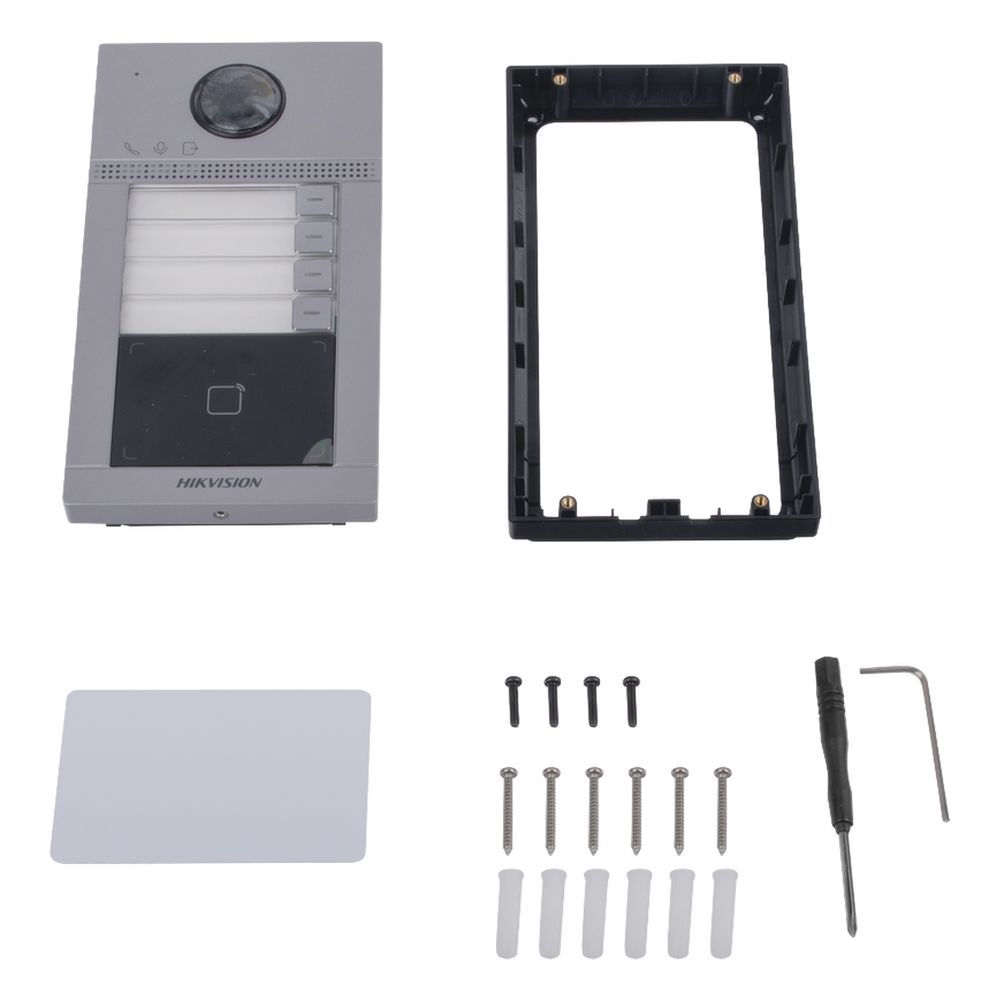 Videoportero IP 2 Megapixel PoE IP65 + IK08 4 Departamentos Apertura con Tarjeta 2 Puertas 6 Monitores 129° IR 3m — Hikvision