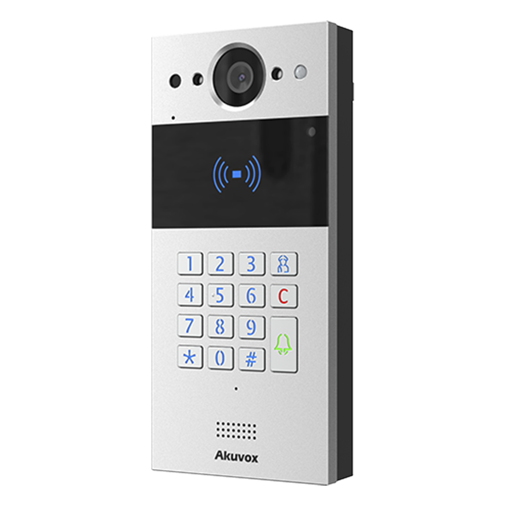 Videoportero IP SIP 2 Megapixel Teclado y Lector NFC+RFID 125 kHz Control de 2 Puertas PoE IP65 Notificación App y Llamada Telefónica PIN Temporal — Akuvox